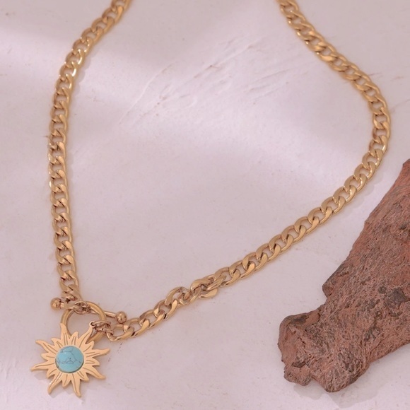 18K Gold Plated Natural Turquoise Stone Choker Necklace - Picture 4 of 12